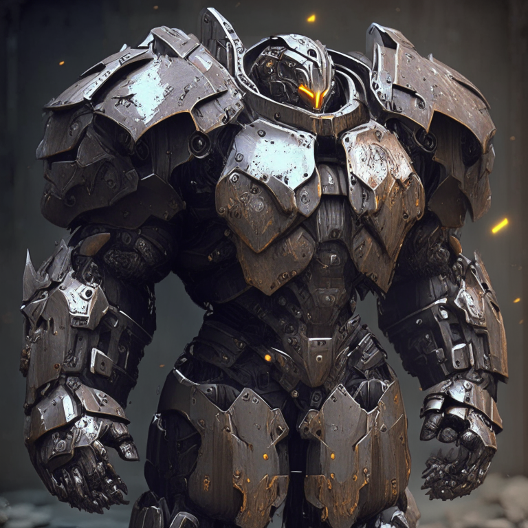 gritty futuristic power armor design for a holy knight that is used and worn, scratched and battle damaged with hexagonal texture on metal parts