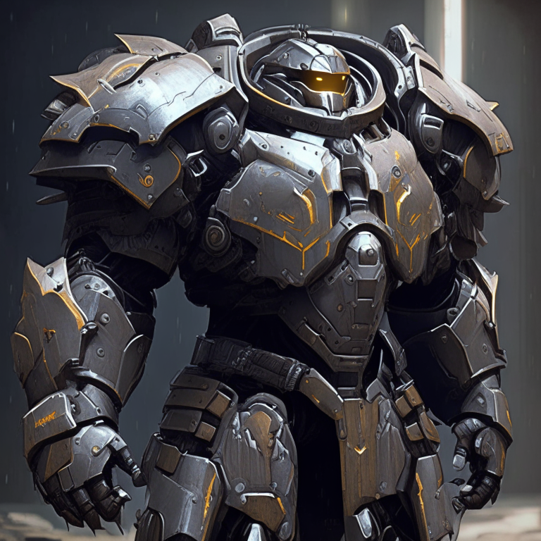 gritty futuristic power armor design for a holy knight with one piece rounded shoulders