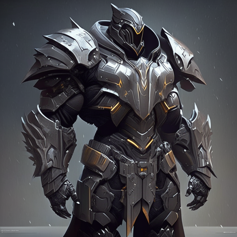 stealthy variant of gritty futuristic power armor design for a holy knight with thinner less bulky armor plates, wider gaps between plates to better show defined muscles underneath and a hood that is part of the armor