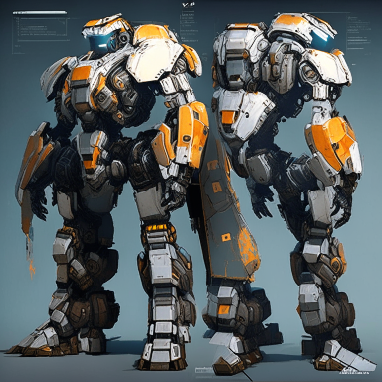 transforming the armor into a Titan mech from Titanfall 2 - increasing size, changing armor shape to match Titan design, adding Titan details like exoskeleton, joints and weapons, removing hood, adjusting colors and pose