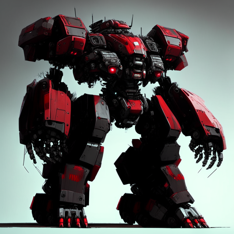 2 story tall mech suit made of metal and energy with 3 barrel cannon and black and red color scheme