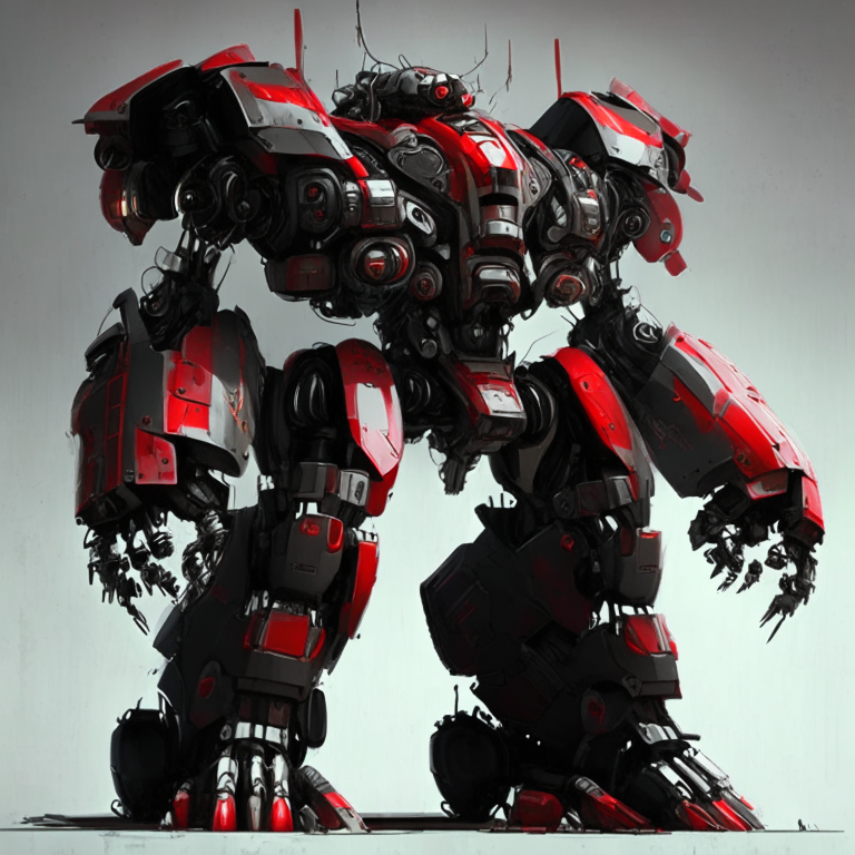 2 story tall mech suit made of metal and energy with 3 barrel cannon, black and red color scheme and more human-like arms