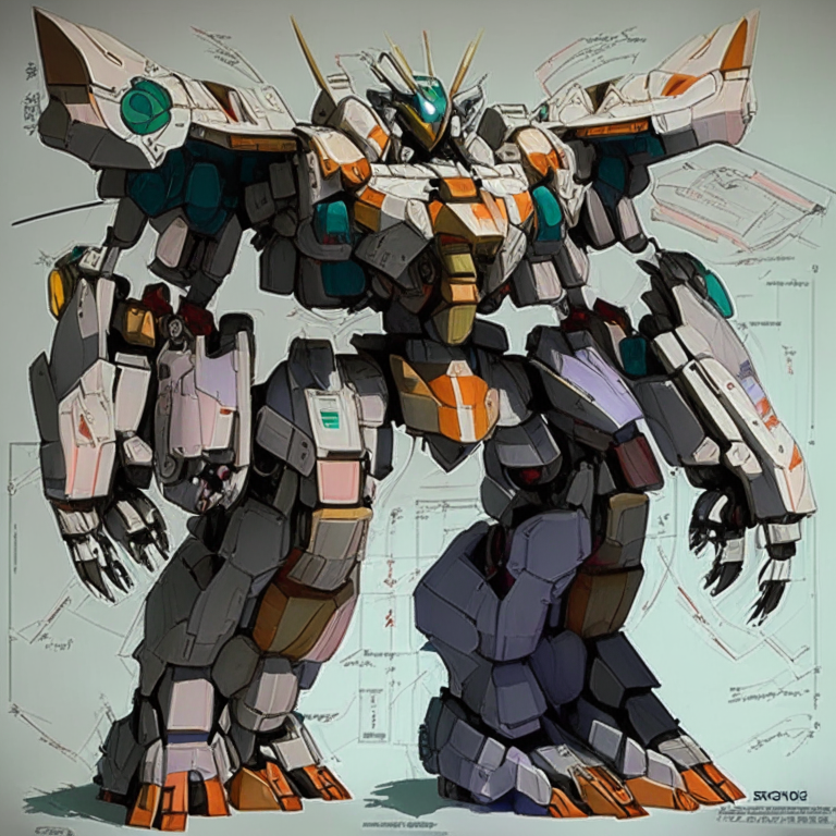 transforming the 2 story tall mech suit to resemble a Gundam mech - changing design to have V-shaped chest, streamlined shape, Gundam color scheme, details, weapons and markings