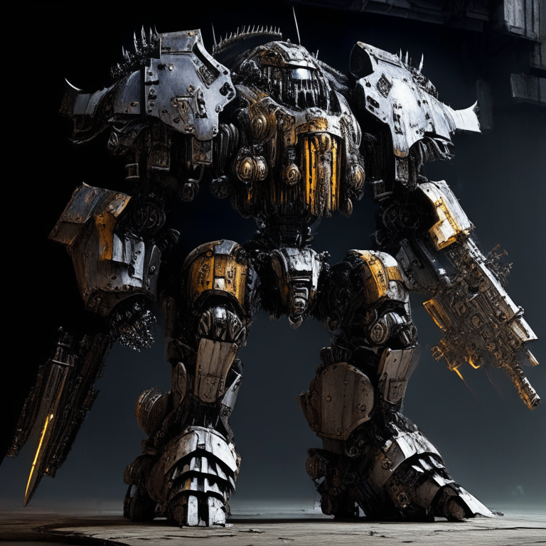 A 2 story tall Warhammer 40k Knight mech made of metal and armored plating with large weapons and characteristic Knight design features
