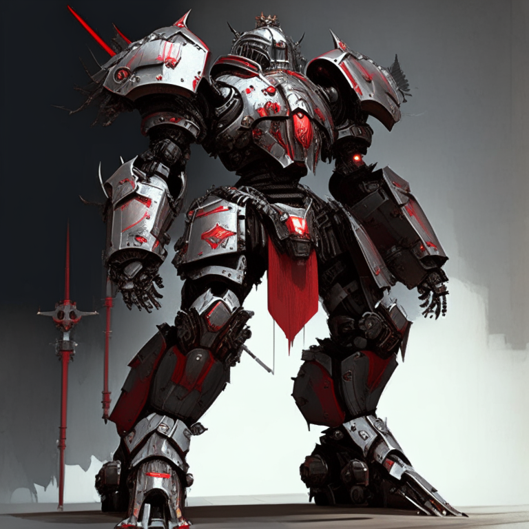 A 2 story tall knight mech made of metal and armored plating, with a red and gunmetal grey color scheme and distinctive knight design features including armored plates, exposed joints, vents, shoulder weapons, and a holy knight styling with religious symbols and banners