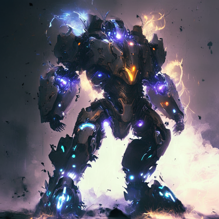 adding wispy smoke, translucent glowing armor, streaks of phantom energy-colored light, and unnatural glowing lights to give the knight mech a phantom energy look