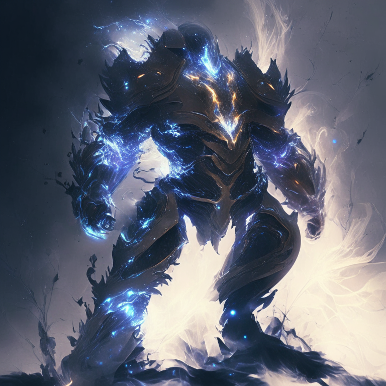 increasing the wispy smoke slightly and making the translucent glowing armor and streaks of energy more subtle and muted in intensity