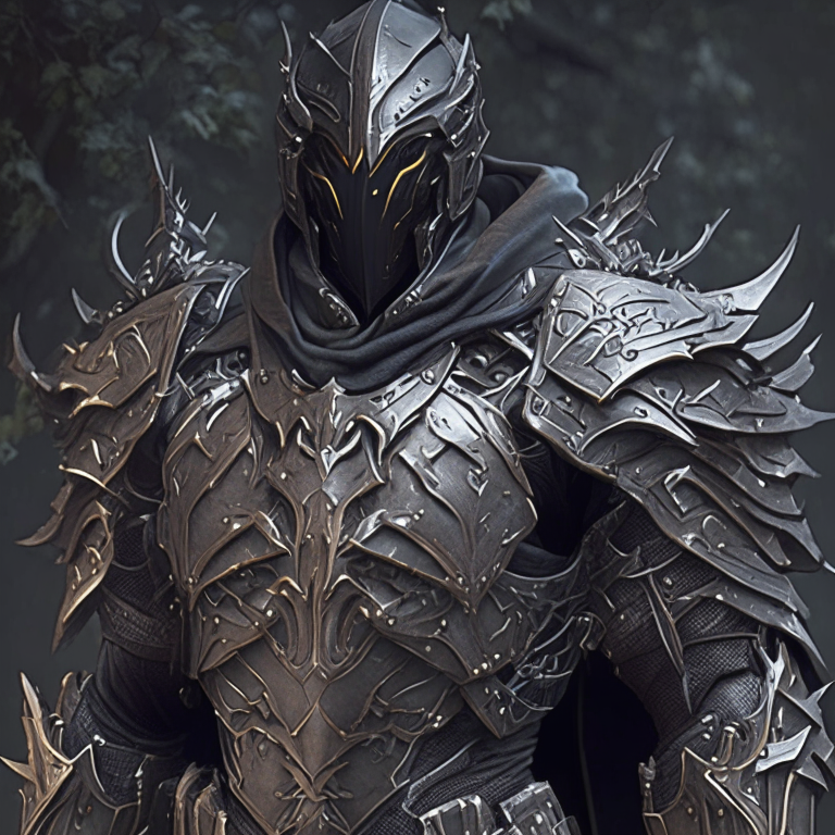 an armored assassin with smooth, elven-like black armor that hugs the body