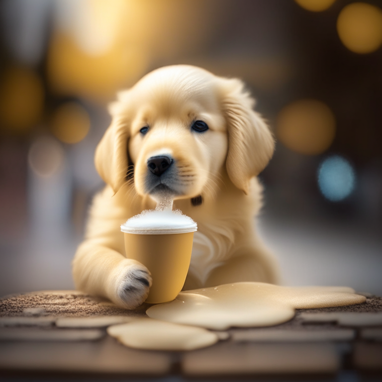 a golden retriever puppy drinking a latte with heart-shaped foam art, bokeh, 35mm