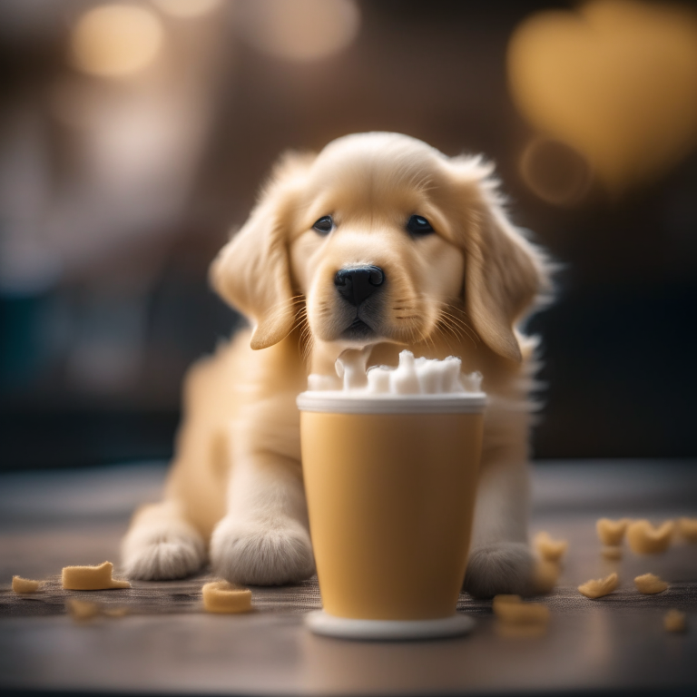 a golden retriever puppy drinking a latte with heart-shaped foam art, bokeh, 35mm