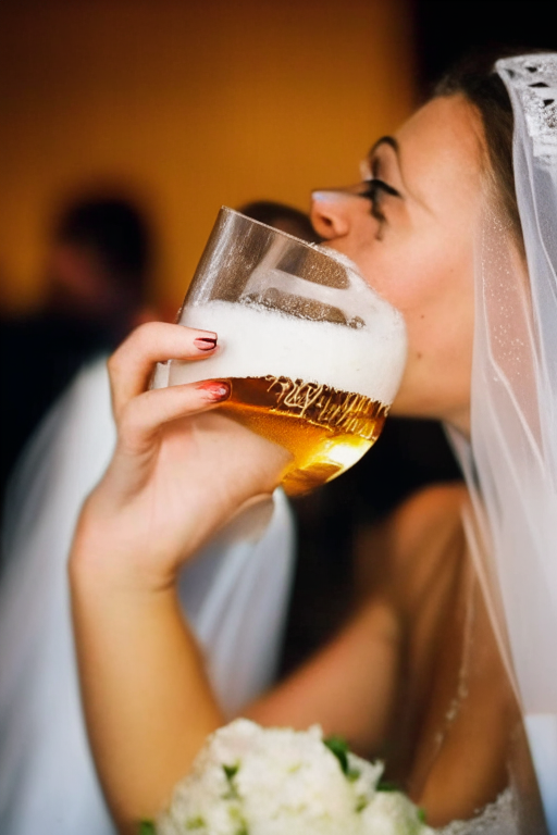 a bride drinking a really big glass of beer at her wedding reception