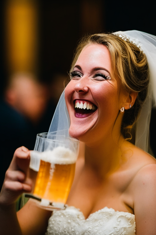 a happy bride drinking a really big glass of beer at her wedding reception