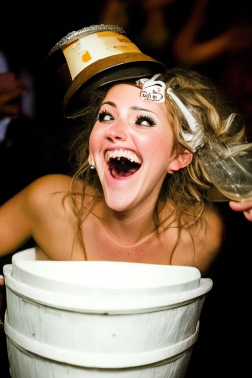 a happy bride drinking a really bucket full of beer at her wedding reception