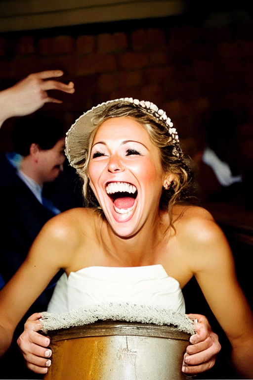 a happy bride drinking a really bucket full of beer at her wedding reception