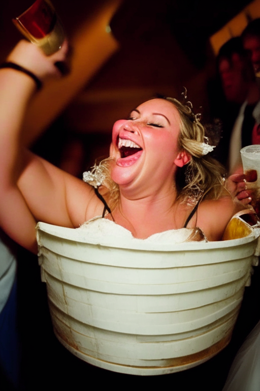 a happy bride drinking a visibly extra large bucket full of beer at her wedding reception