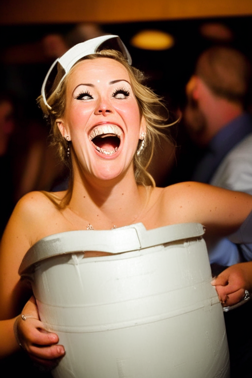 a happy bride drinking a visibly extra large bucket full of beer at her wedding reception