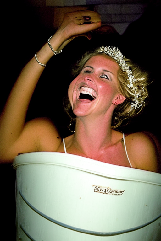 a happy bride drinking a visibly extra-large bucket full of beer at her wedding reception.  The beer is visible in the bucket.