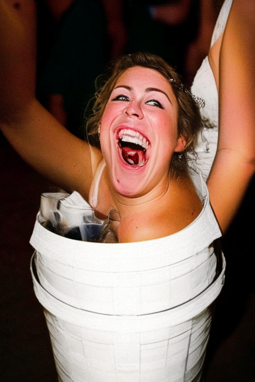 a happy bride drinking a visibly extra-large bucket full of beer at her wedding reception.  The beer is visible in the bucket.