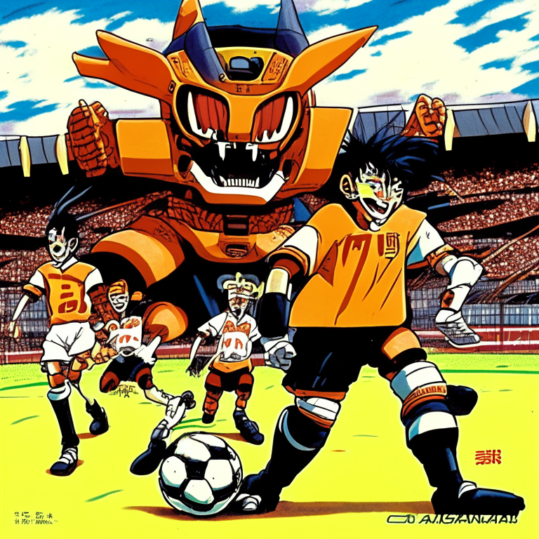 Football Game From FIFA Asían Cup In South Korea in 1994 Team Kame (With Orange Shirt) × Team Tsuru (With Black Shirt) Até Daguum Stadium In Daguum, Soccer Player Named Chaos (From Dragón Ball) From Team Kame Got Kicked By A Team Tsuru Player Dressed As A Robot With A Human Mouth And The Goalkeeper Hurts The Belly , Team Tsuru Won 1 - 0,