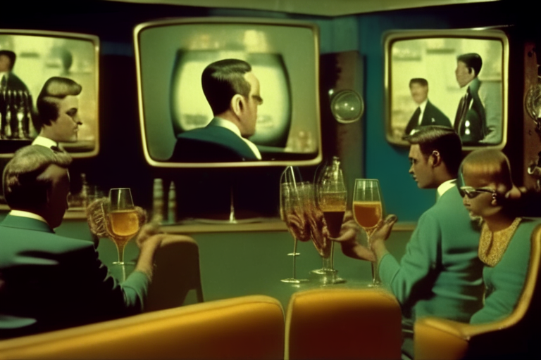 an early 60s beer tv commercial taking place in a cocktail lounge with different shots of people drinking beer out of glasses