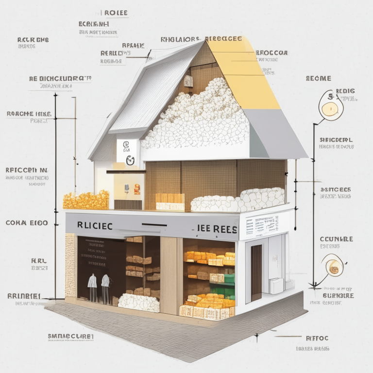 a exterior store diagram of a rice store with a white face and rich colors