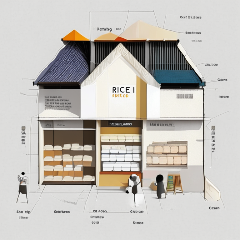 a exterior store diagram of a rice store with a white face and rich colors