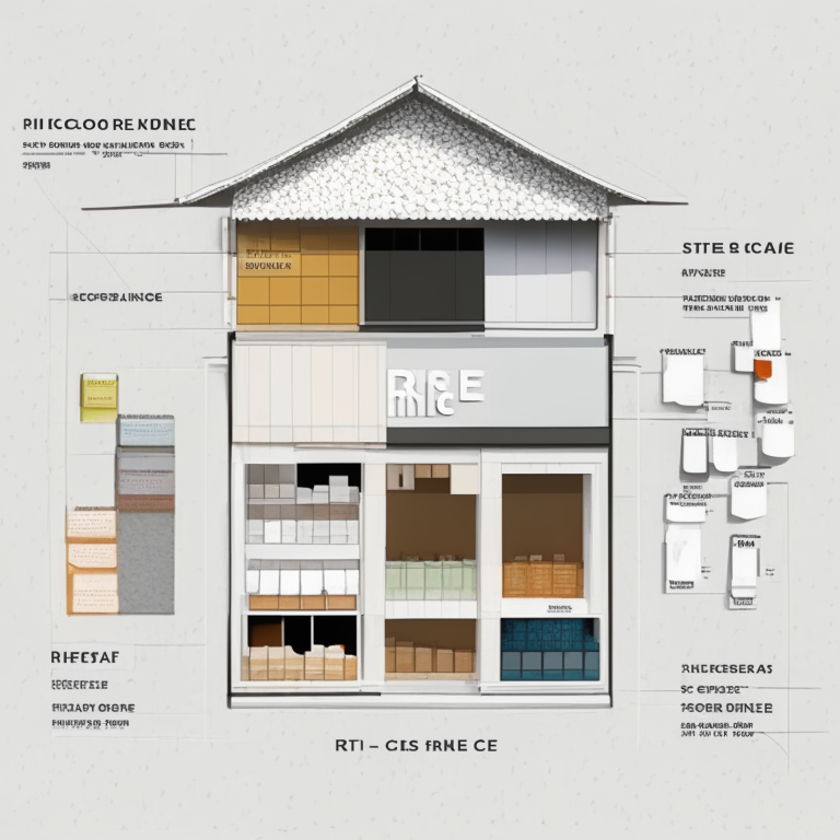 a exterior store diagram of a rice store with a white face and rich colors