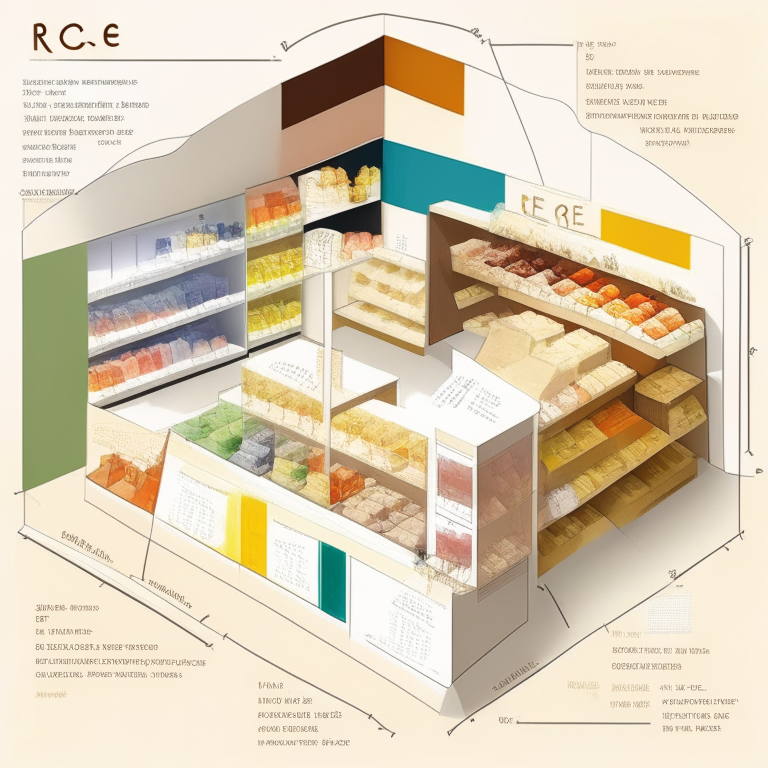 an interior store diagram of a rice boutique store with a white face and rich colors inside a larger supermarket