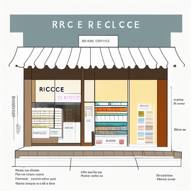 an exterior store diagram of a rice boutique store with a white face and rich colors inside a larger supermarket