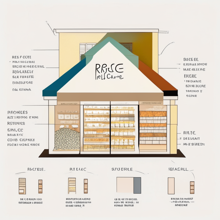 an exterior store diagram of a rice boutique store with a white face and rich colors inside a larger supermarket