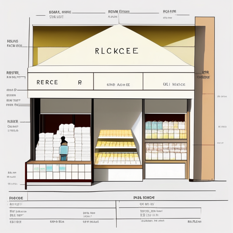 an exterior store diagram of a rice boutique store with a white face and rich colors inside a larger supermarket