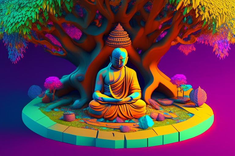 Bright and colorful animation of a buddha sitting under a Bodhi tree