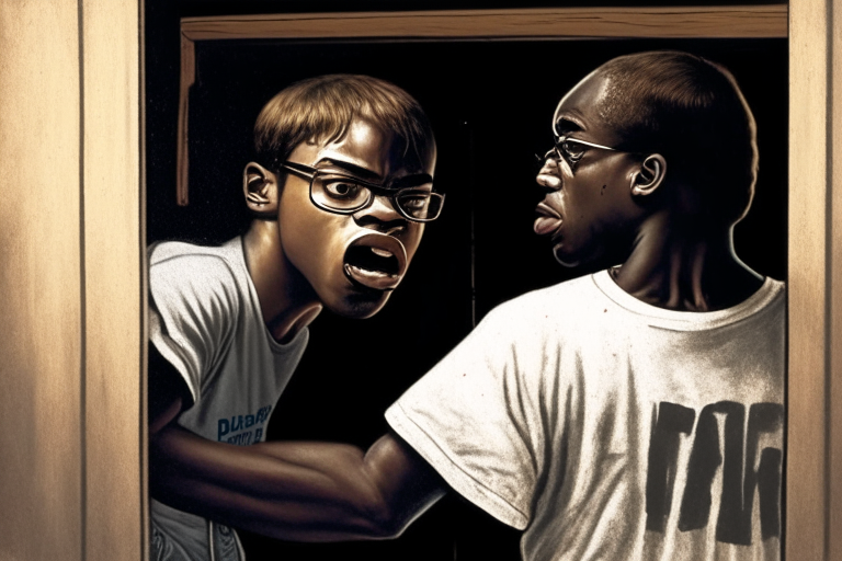 A black boy wearing a t-shirt punching Jeffrey Dahmer on face, both standing near an open door