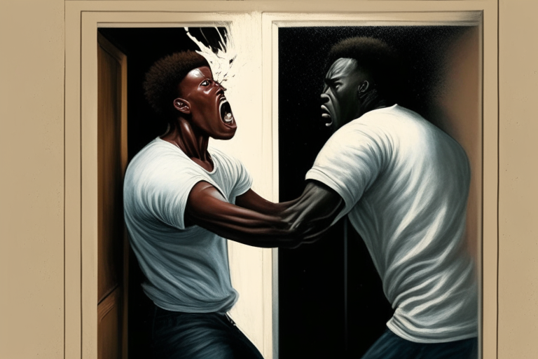A black guy wearing a t-shirt punching a white guy on face, both standing far from an open door