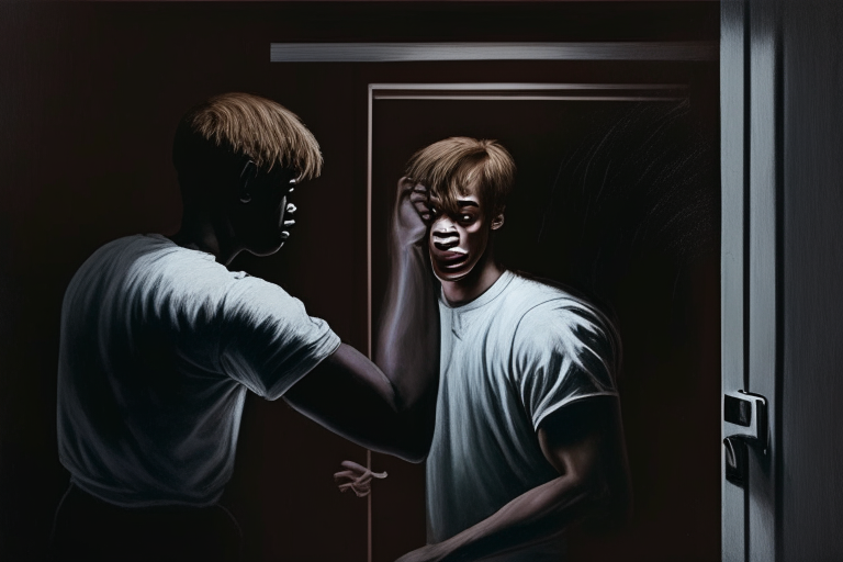 in a dark room with dim light a black young guy trying to punch Jeffrey Dahmer a white guy on face, standing far from an open door of the apartment