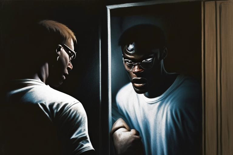 in a dark room with dim light a black young guy trying to punch Jeffrey Dahmer a white guy on face, standing far from an open door of the apartment