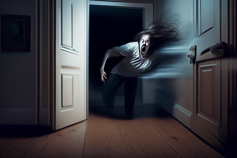 a person running out of a room through door with scare in face, another person lying on the floor, realistic HD