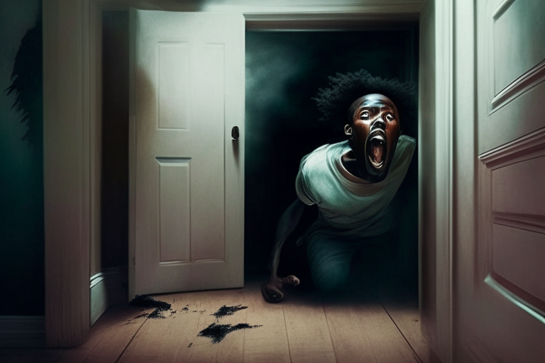 a black guy running out of a room through door with scare in face, another guy lying on the floor unconscious