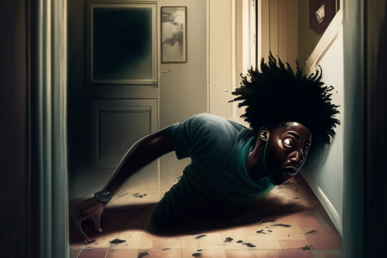 a young black guy with small hairs running out of a room through door with scare in face, another guy lying on the floor unconscious