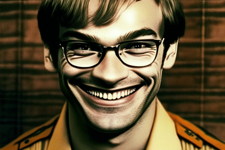 Jeffrey Dahmer in jail uniform with creepy smile on face with jail background