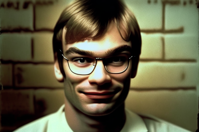 Jeffrey Dahmer in jail uniform with small creepy smile on face with jail background