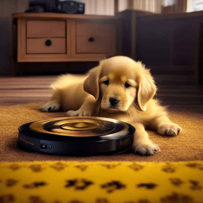 a golden retriever puppy sitting on a rug listening to music on a record player, 4k