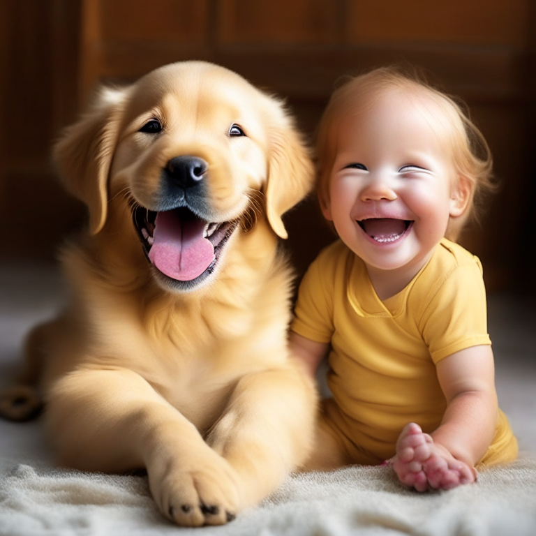 a golden retriever puppy sitting next to a smiling baby
