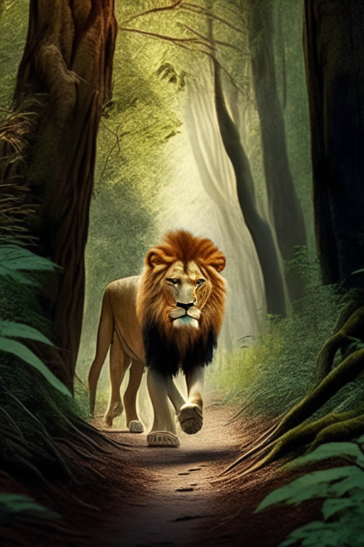 Two lion walking in beautiful forest