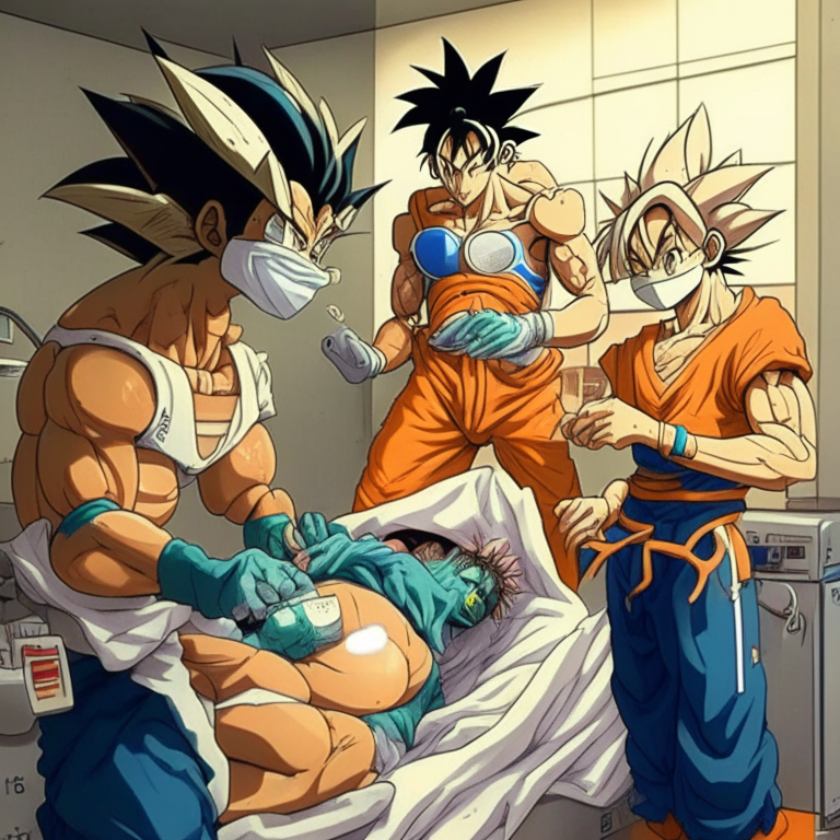Goku Visiting Chaos From Dragón Ball And The Goalkeeper Of His Team At The Hospital In South Korea Performing Surgery On the left arm, belly, head and leg 