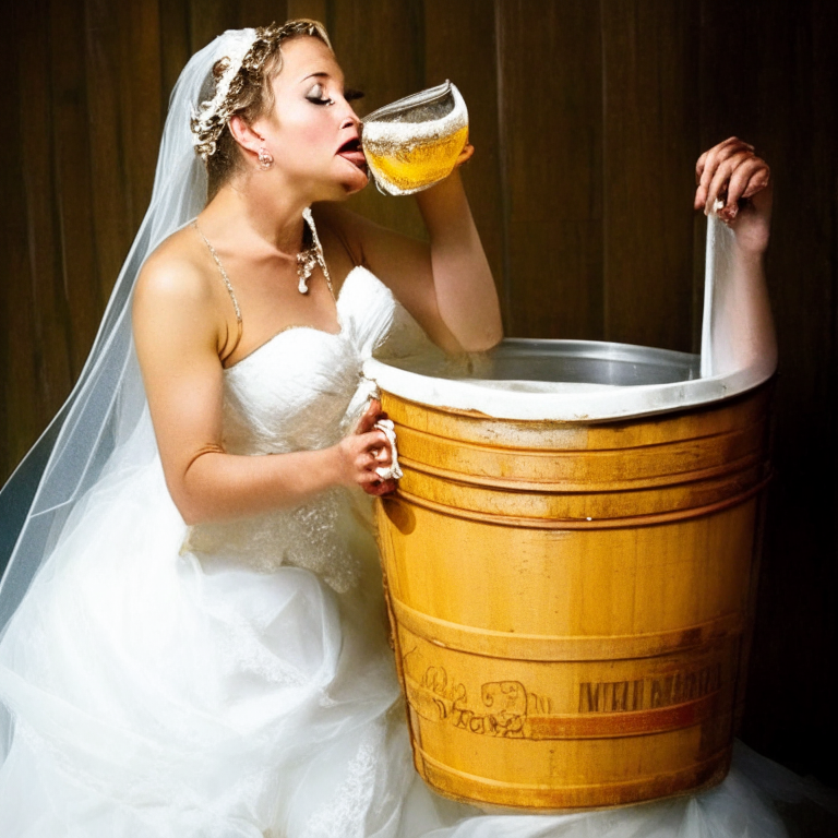 Beautiful bride in a wedding dress drinking beer from a bucket with the beer pouring out of the bucket.