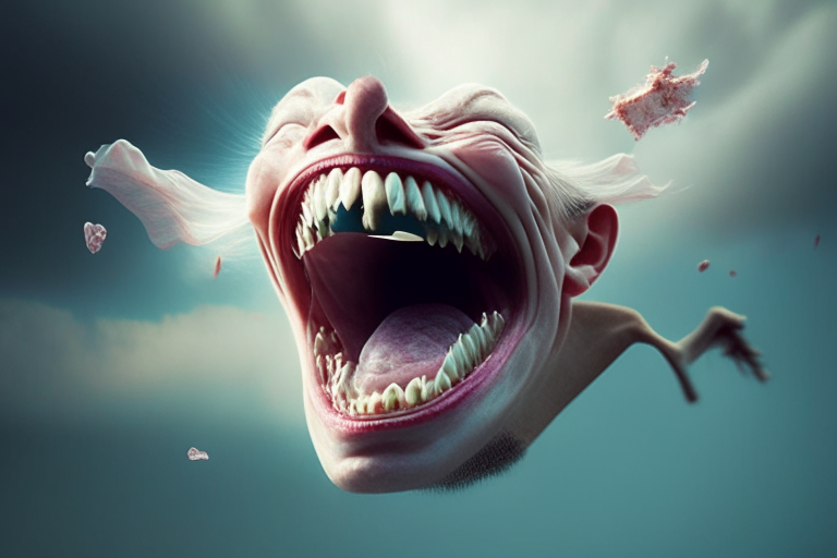 false teeth flying through the air