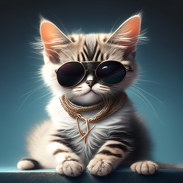 a fashionable kitten wearing a designer collar and sunglasses, realistic