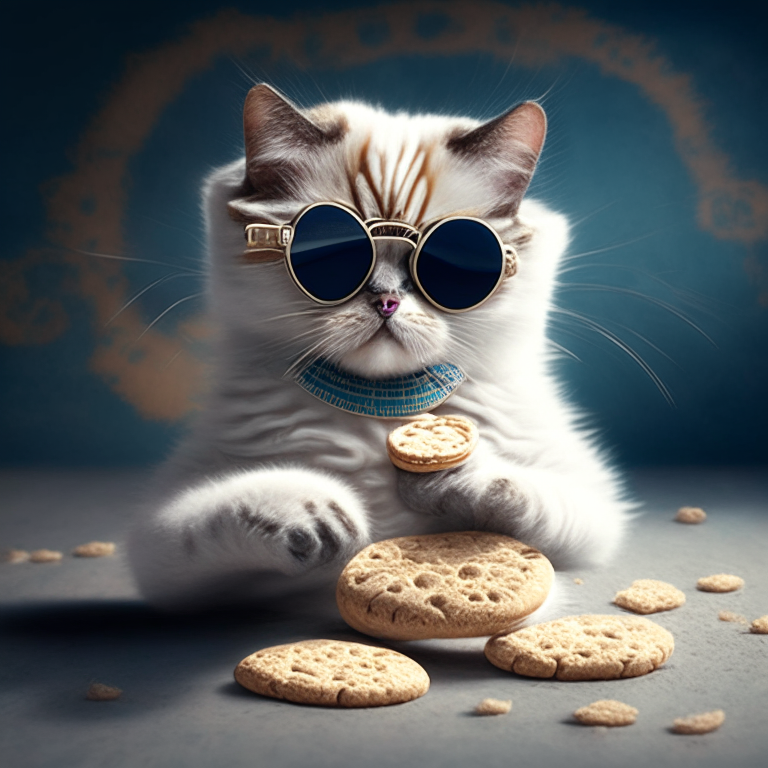 a fashionable kitten wearing a designer collar and sunglasses eating a round biscuit