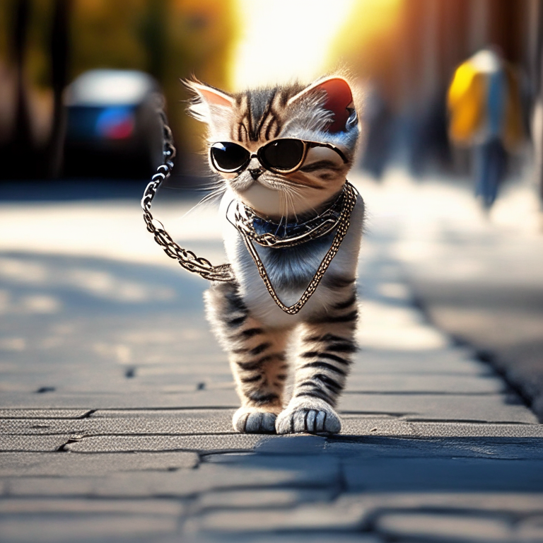 a fashionable kitten wearing a designer collar and sunglasses walking on a leash on a sidewalk